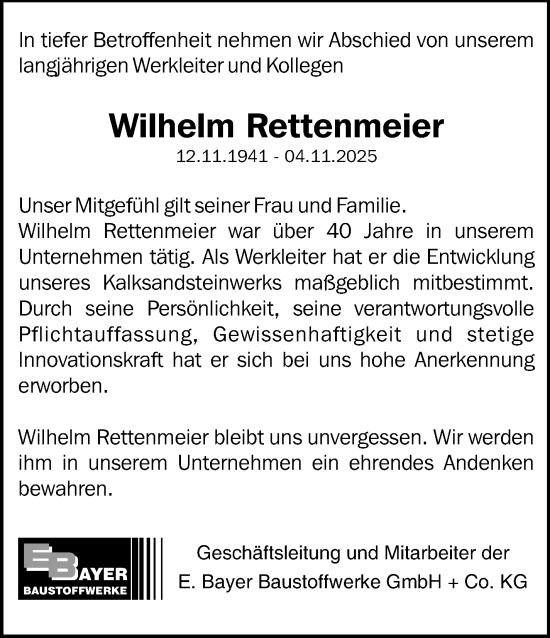 Traueranzeige von Wilhelm Rettenmeier von Eßlinger Zeitung
