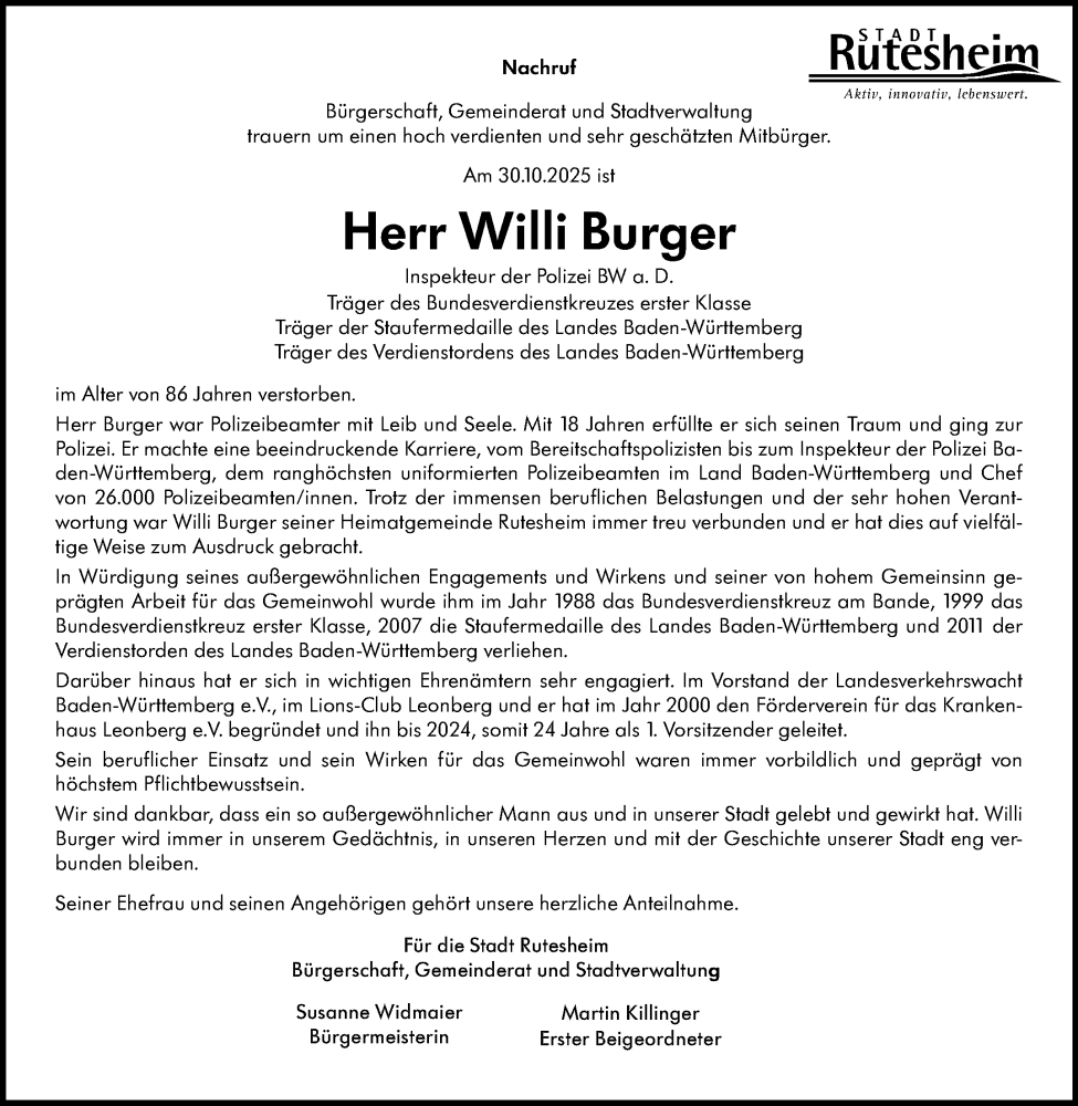  Traueranzeige für Willi Burger vom 07.11.2025 aus Leonberger Kreiszeitung / Strohgäu Extra
