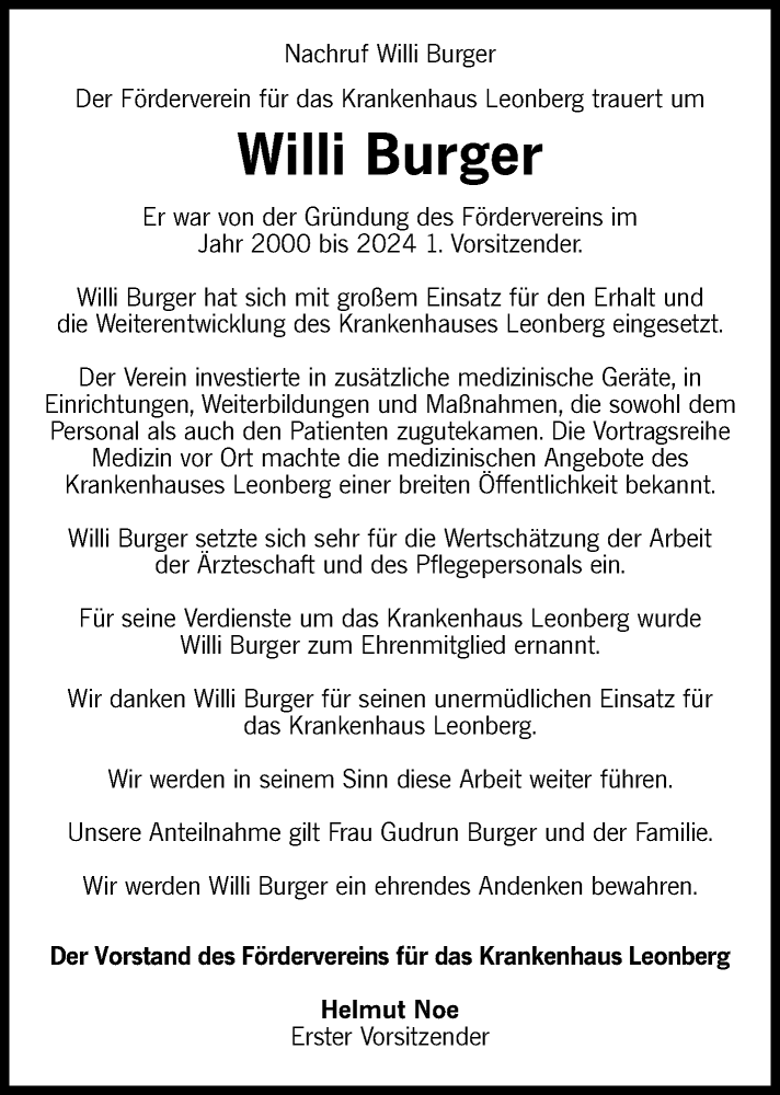  Traueranzeige für Willi Burger vom 07.11.2025 aus Leonberger Kreiszeitung / Strohgäu Extra