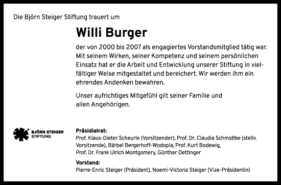 Traueranzeige von Willi Burger von Leonberger Kreiszeitung / Strohgäu Extra