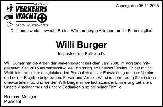Traueranzeige von Willi Burger von Leonberger Kreiszeitung / Strohgäu Extra