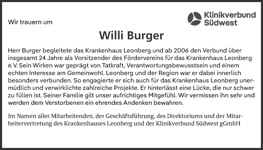  Traueranzeige für Willi Burger vom 07.11.2025 aus Leonberger Kreiszeitung / Strohgäu Extra