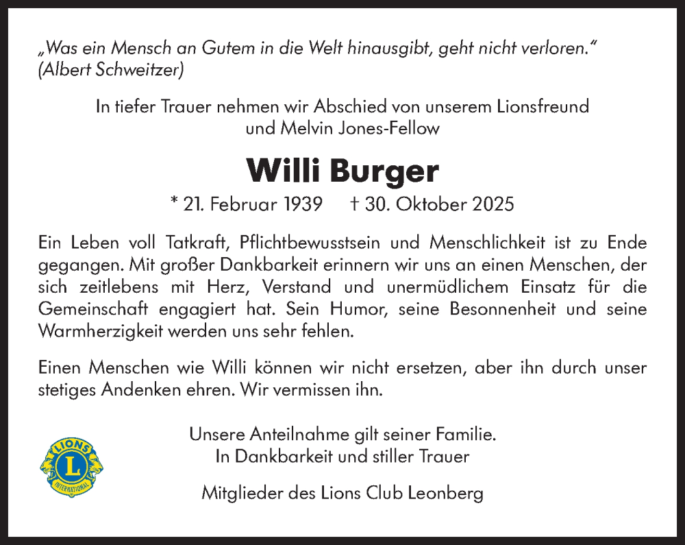  Traueranzeige für Willi Burger vom 06.11.2025 aus Leonberger Kreiszeitung / Strohgäu Extra
