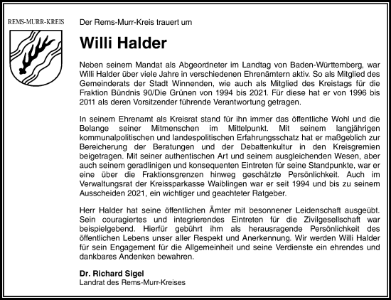 Traueranzeige von Willi Halder von Stuttgarter Zeitung / Stuttgarter Nachrichten