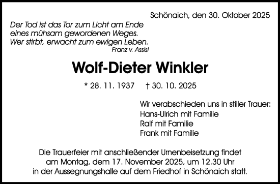 Traueranzeige von Wolf-Dieter Winkler von Kreiszeitung Böblinger Bote