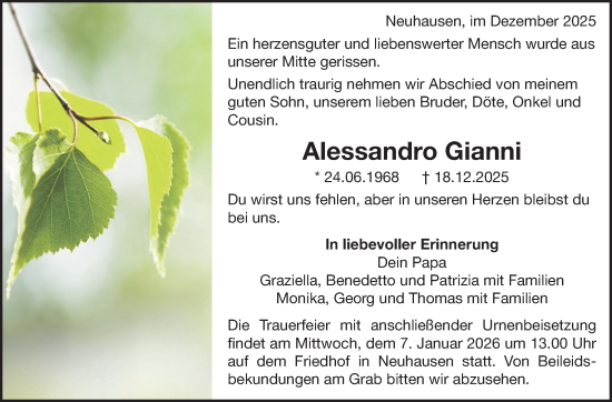 Traueranzeige von Alessandro Gianni von Eßlinger Zeitung