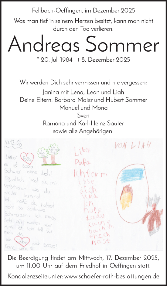 Traueranzeige von Andreas Sommer von Stuttgarter Zeitung / Stuttgarter Nachrichten
