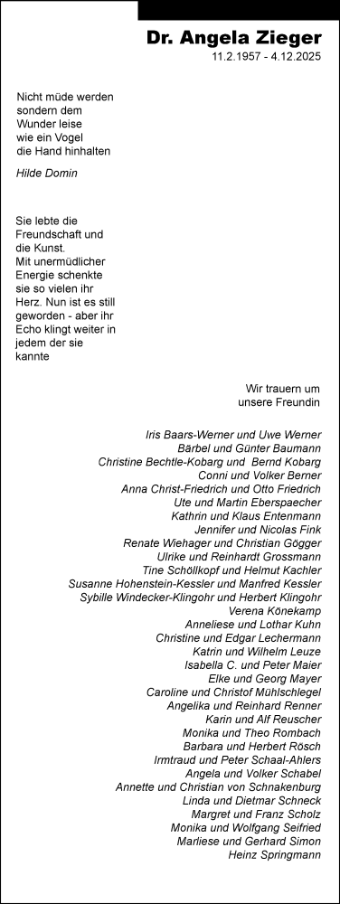 Traueranzeige von Angela Zieger von Stuttgarter Zeitung / Stuttgarter Nachrichten