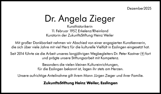 Traueranzeige von Angela Zieger von Eßlinger Zeitung