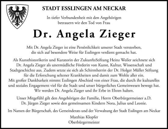 Traueranzeige von Angela Zieger von Eßlinger Zeitung