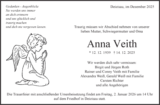 Traueranzeige von Anna Veith von Eßlinger Zeitung