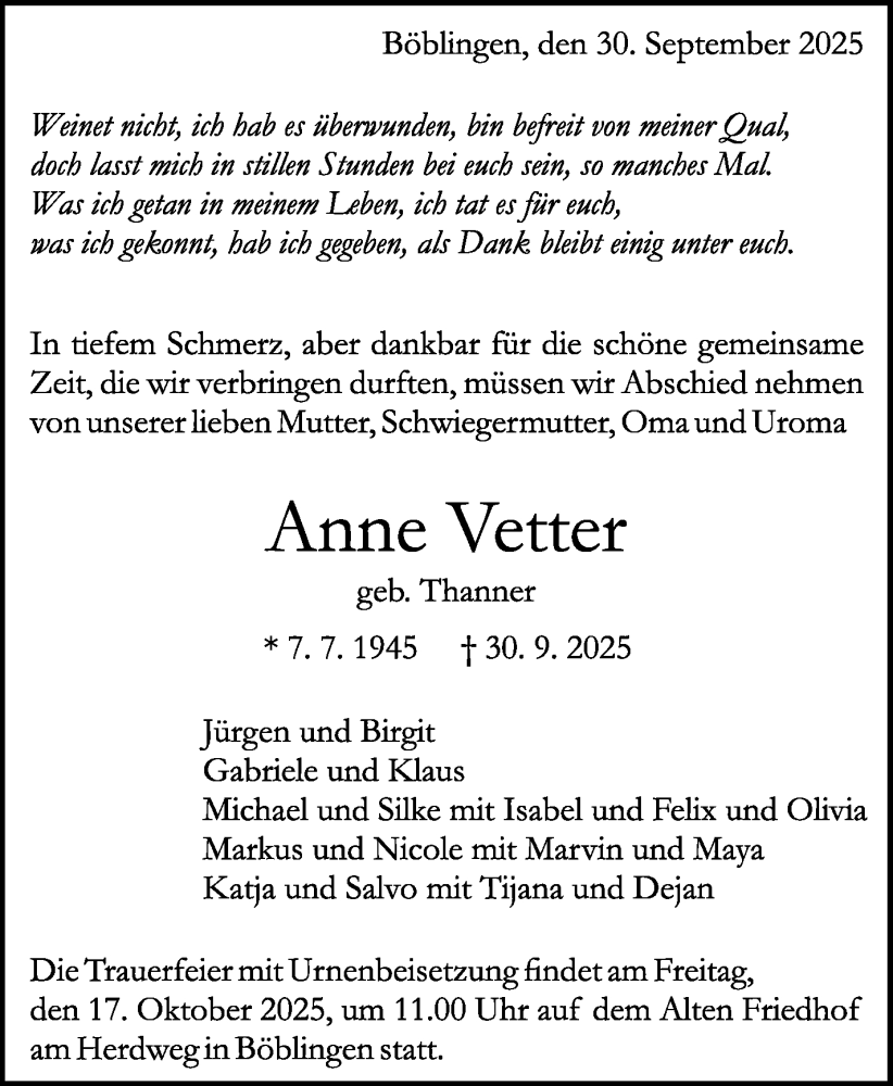  Traueranzeige für Anne Vetter vom 10.10.2025 aus Kreiszeitung Böblinger Bote