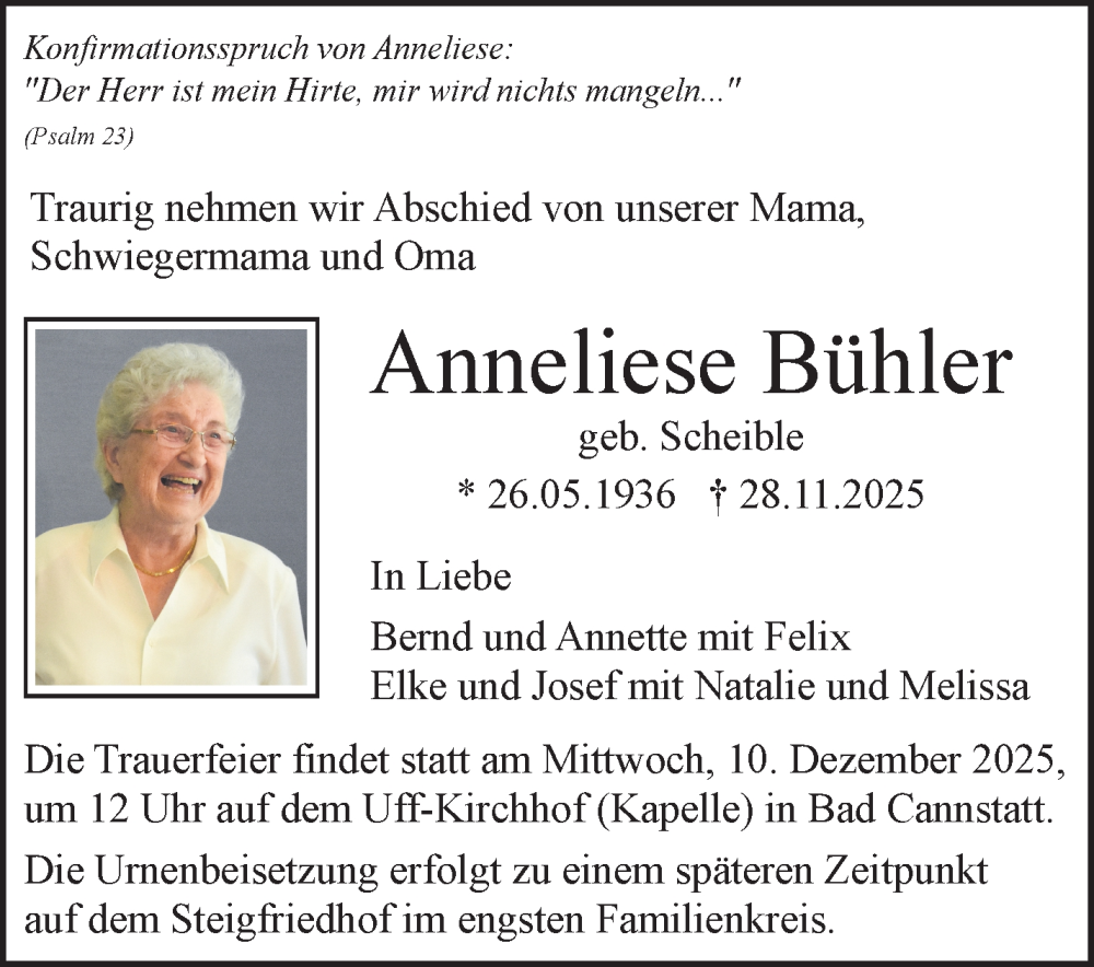  Traueranzeige für Anneliese Bühler vom 06.12.2025 aus Stuttgarter Zeitung / Stuttgarter Nachrichten