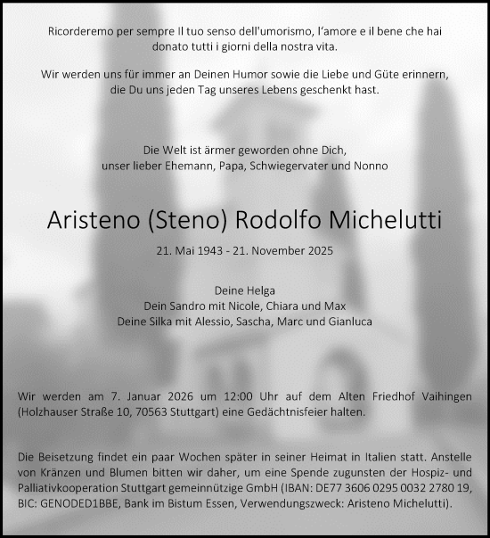 Traueranzeige von Aristeno Rodolfo Michelutti von Stuttgarter Zeitung / Stuttgarter Nachrichten