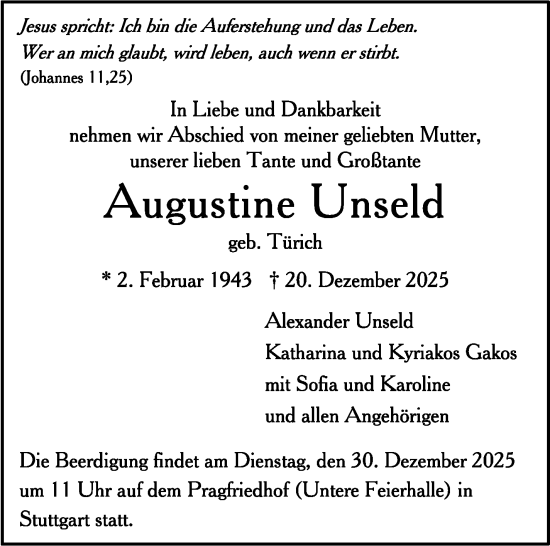 Traueranzeige von Augustine Unseld von Stuttgarter Zeitung / Stuttgarter Nachrichten