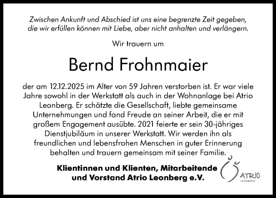 Traueranzeige von Bernd Frohnmaier von Leonberger Kreiszeitung / Strohgäu Extra