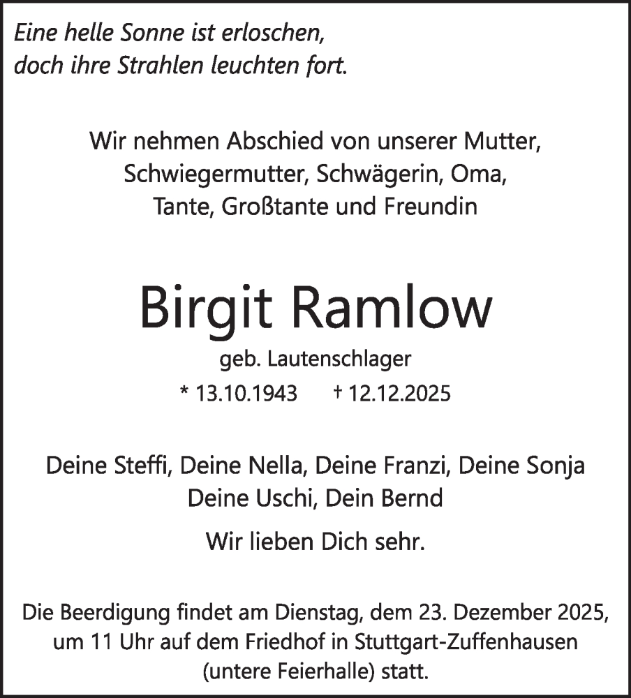  Traueranzeige für Birgit Ramlow vom 20.12.2025 aus Stuttgarter Zeitung / Stuttgarter Nachrichten