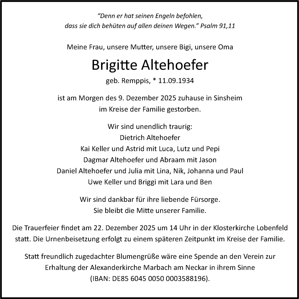  Traueranzeige für Brigitte Altehoefer vom 15.12.2025 aus Marbacher Zeitung