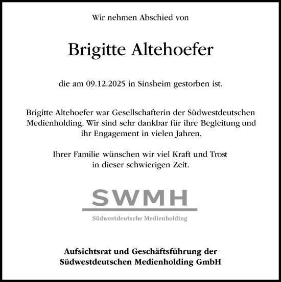 Traueranzeige von Brigitte Altehoefer von Marbacher Zeitung