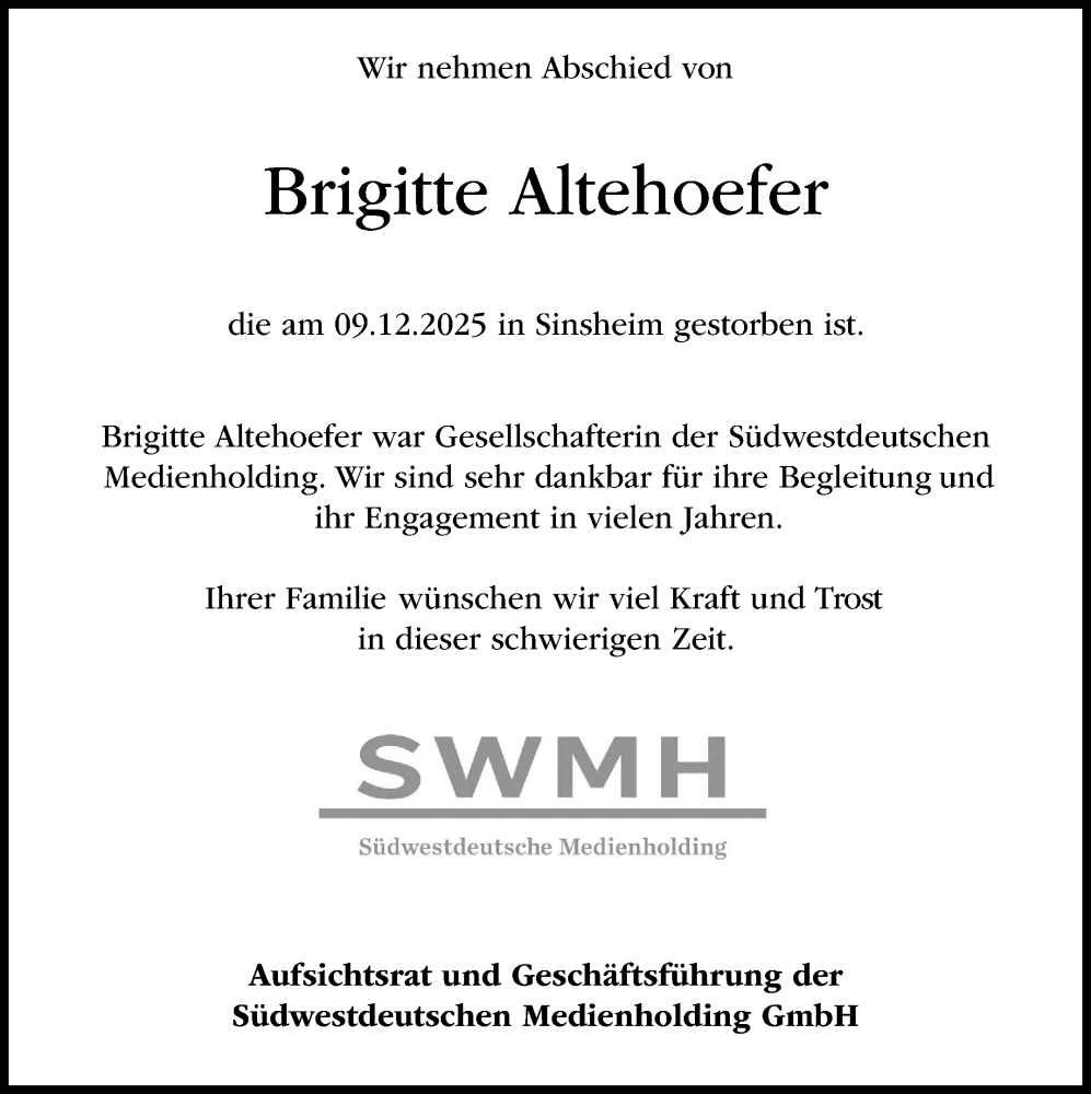  Traueranzeige für Brigitte Altehoefer vom 15.12.2025 aus Marbacher Zeitung