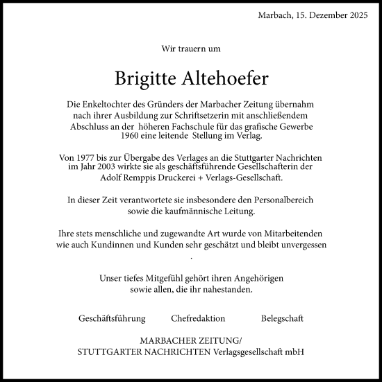 Traueranzeige von Brigitte Altehoefer von Marbacher Zeitung