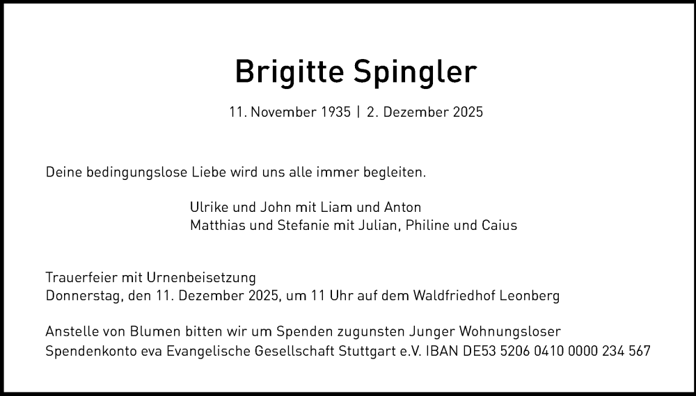  Traueranzeige für Brigitte Spingler vom 08.12.2025 aus Leonberger Kreiszeitung / Strohgäu Extra