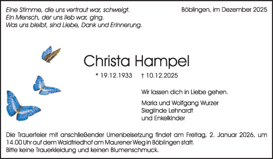 Traueranzeige von Christa Hampel von Kreiszeitung Böblinger Bote
