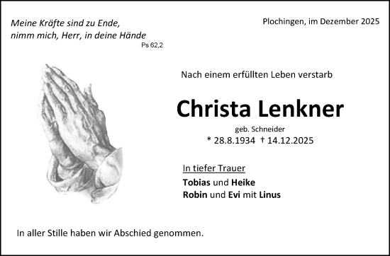Traueranzeige von Christa Lenkner von Eßlinger Zeitung
