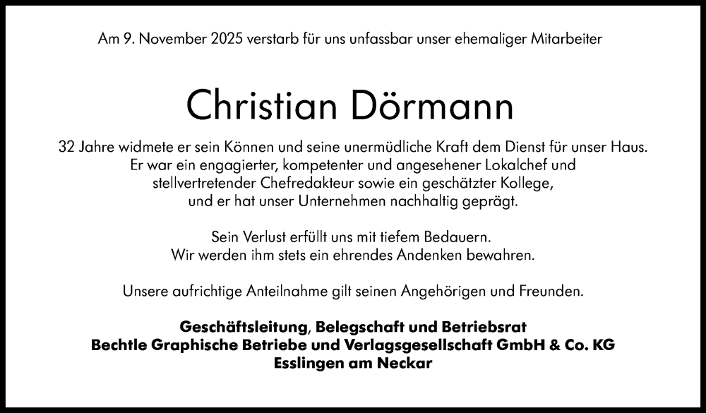  Traueranzeige für Christian Dörmann vom 11.12.2025 aus Eßlinger Zeitung