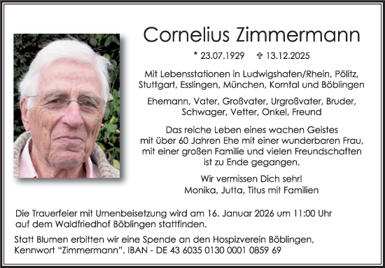 Traueranzeige von Cornelius Zimmermann von Kreiszeitung Böblinger Bote