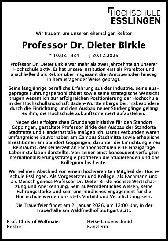 Traueranzeige von Dieter Birkle von Eßlinger Zeitung