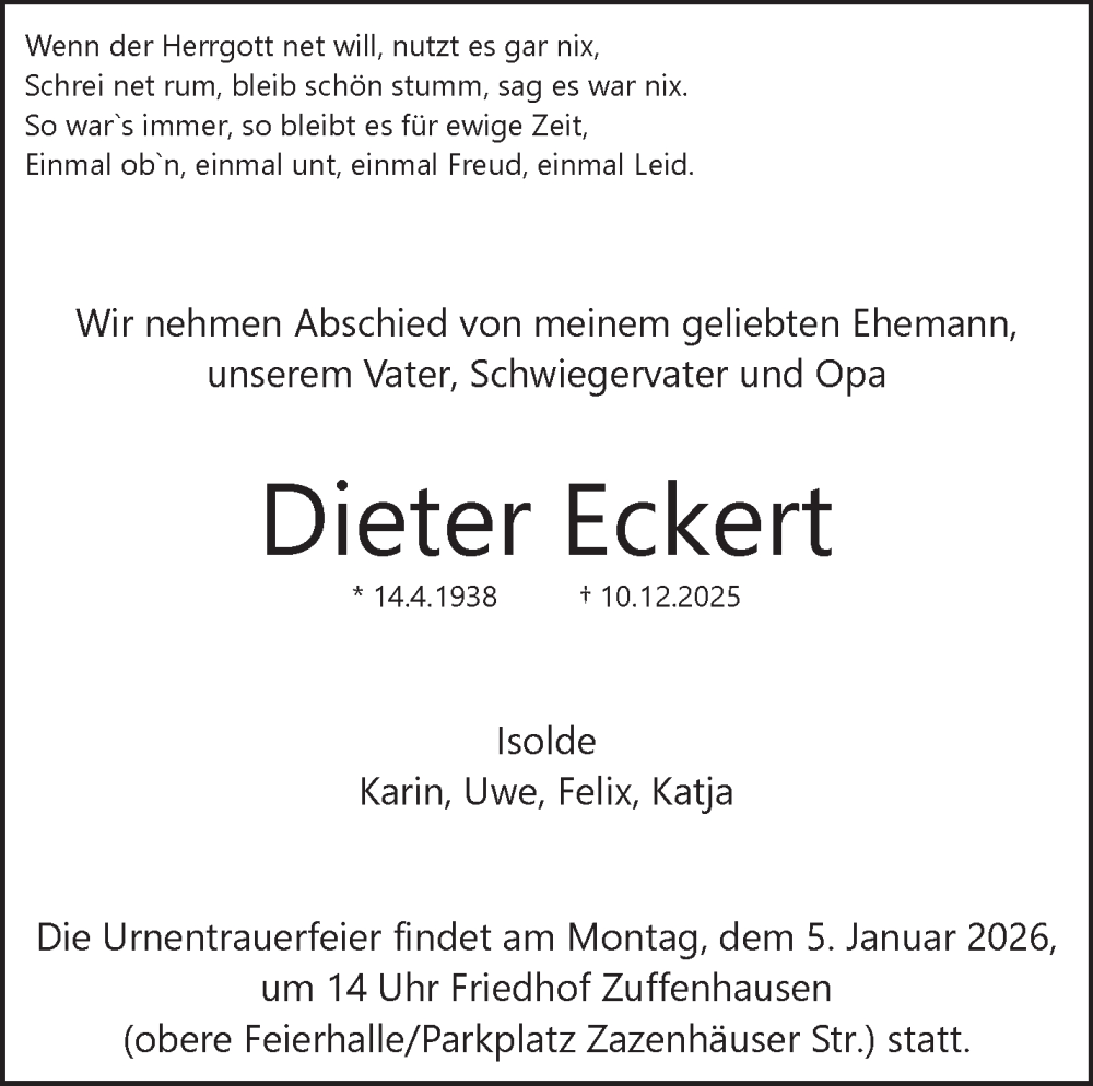  Traueranzeige für Dieter Eckert vom 20.12.2025 aus Stuttgarter Zeitung / Stuttgarter Nachrichten