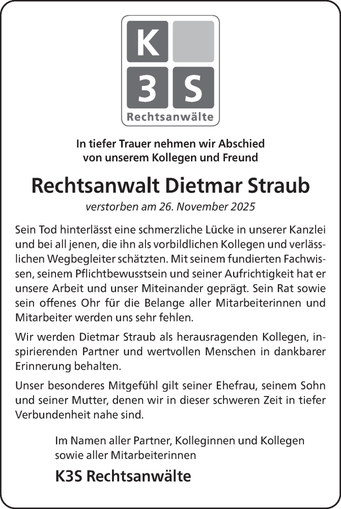  Traueranzeige für Dietmar Straub vom 06.12.2025 aus Stuttgarter Zeitung / Stuttgarter Nachrichten