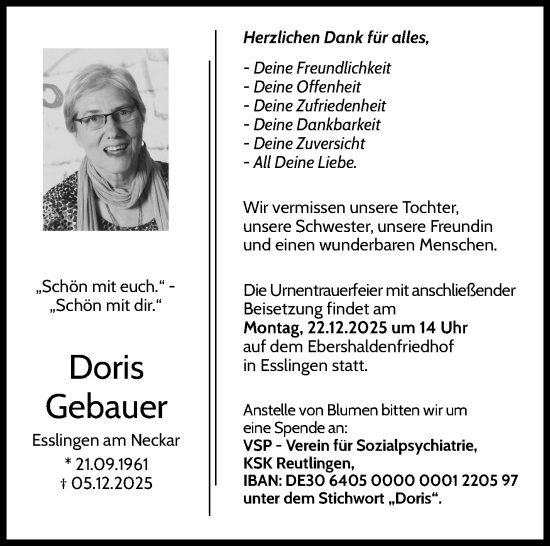 Traueranzeige von Doris Gebauer von Eßlinger Zeitung