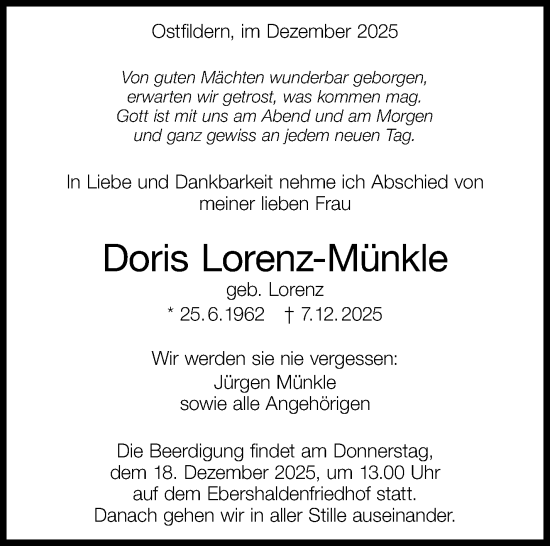 Traueranzeige von Doris Lorenz-Münkle von Stuttgarter Zeitung / Stuttgarter Nachrichten
