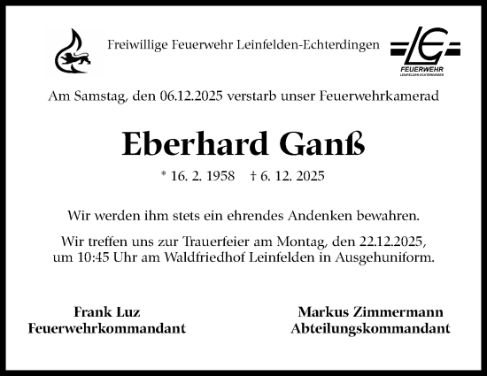 Traueranzeige von Eberhard Ganß von Eßlinger Zeitung
