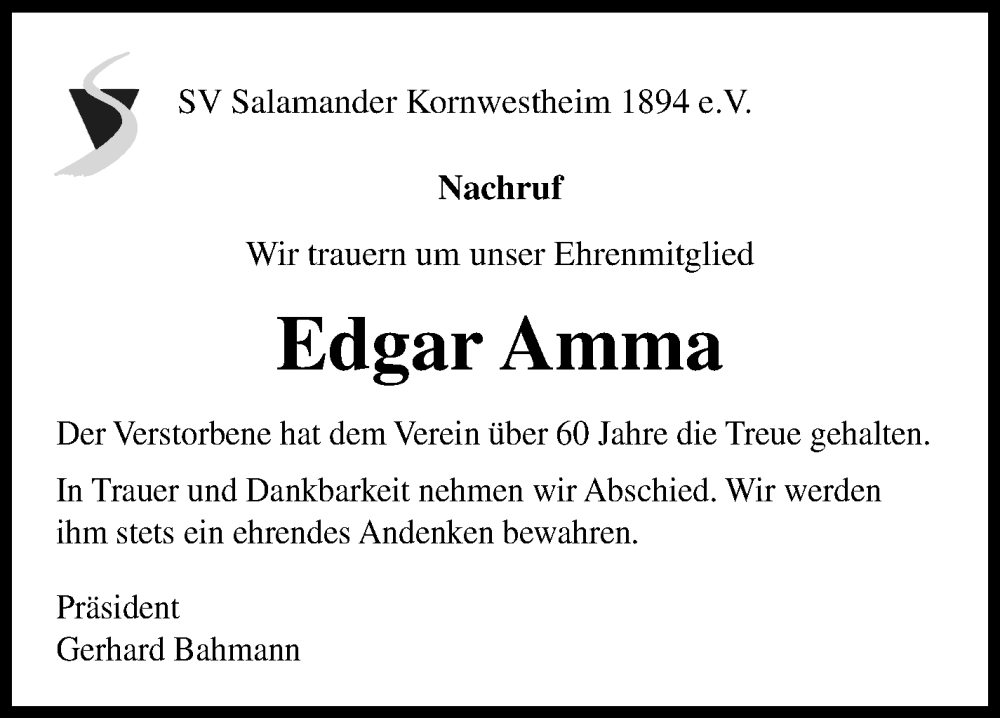  Traueranzeige für Edgar Amma vom 23.12.2025 aus Marbacher Zeitung
