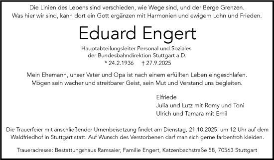 Traueranzeige von Eduard Engert von Stuttgarter Zeitung / Stuttgarter Nachrichten