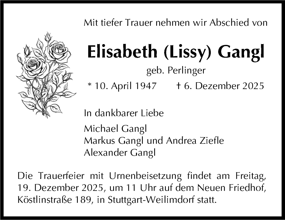  Traueranzeige für Elisabeth Gangl vom 13.12.2025 aus Stuttgarter Zeitung / Stuttgarter Nachrichten