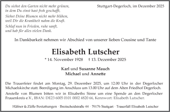 Traueranzeige von Elisabeth Lutscher von Stuttgarter Zeitung / Stuttgarter Nachrichten