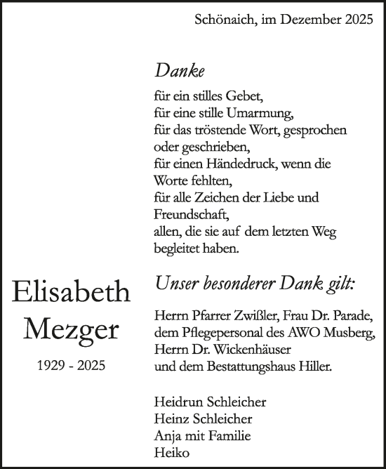 Traueranzeige von Elisabeth Mezger von Kreiszeitung Böblinger Bote