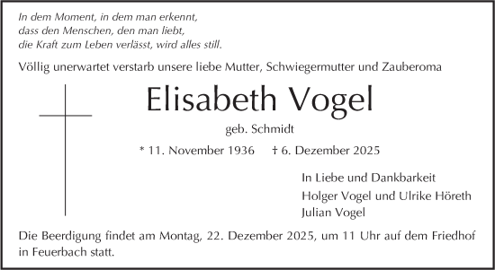 Traueranzeige von Elisabeth Vogel von Stuttgarter Zeitung / Stuttgarter Nachrichten