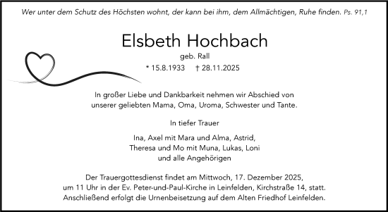 Traueranzeige von Elsbeth Hochbach von Stuttgarter Zeitung / Stuttgarter Nachrichten