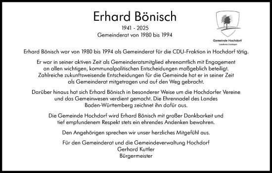 Traueranzeige von Erhard Bönisch von Eßlinger Zeitung