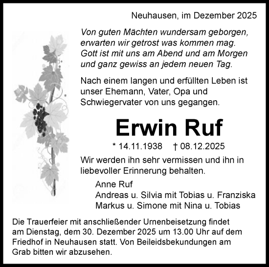 Traueranzeige von Erwin Ruf von Eßlinger Zeitung