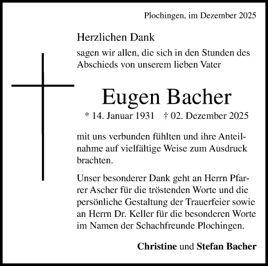 Traueranzeige von Eugen Bacher von Eßlinger Zeitung
