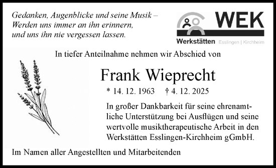 Traueranzeige von Frank Wieprecht von Eßlinger Zeitung