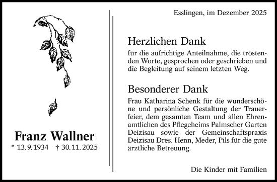 Traueranzeige von Franz Wallner von Eßlinger Zeitung