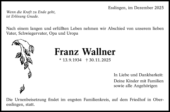 Traueranzeige von Franz Wallner von Eßlinger Zeitung