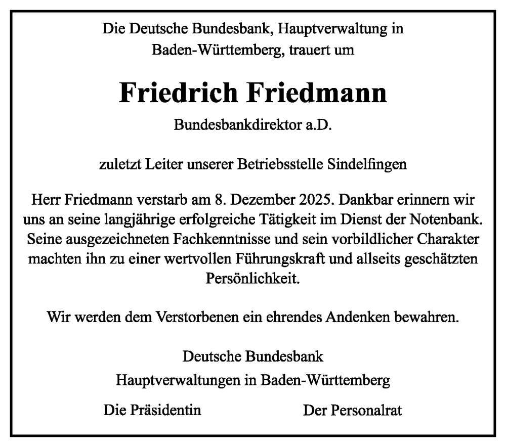  Traueranzeige für Friedrich Friedmann vom 15.12.2025 aus Stuttgarter Zeitung / Stuttgarter Nachrichten